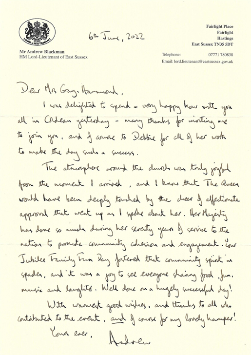 Lord Lieutenant Letter about Jubilee Celebrations
