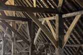 Tithe Barn at Falmer interior roof beams in June 2021