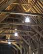 Tithe Barn at Falmer interior roof beams in June 2021