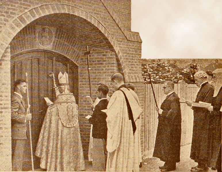 Bishop knocking on door of St Cuthmans Church